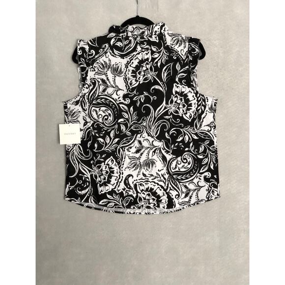 Ellen Tracy Linen Blend Top Women's Medium Ruffle in Black Batik Floral NEW - Picture 4 of 6